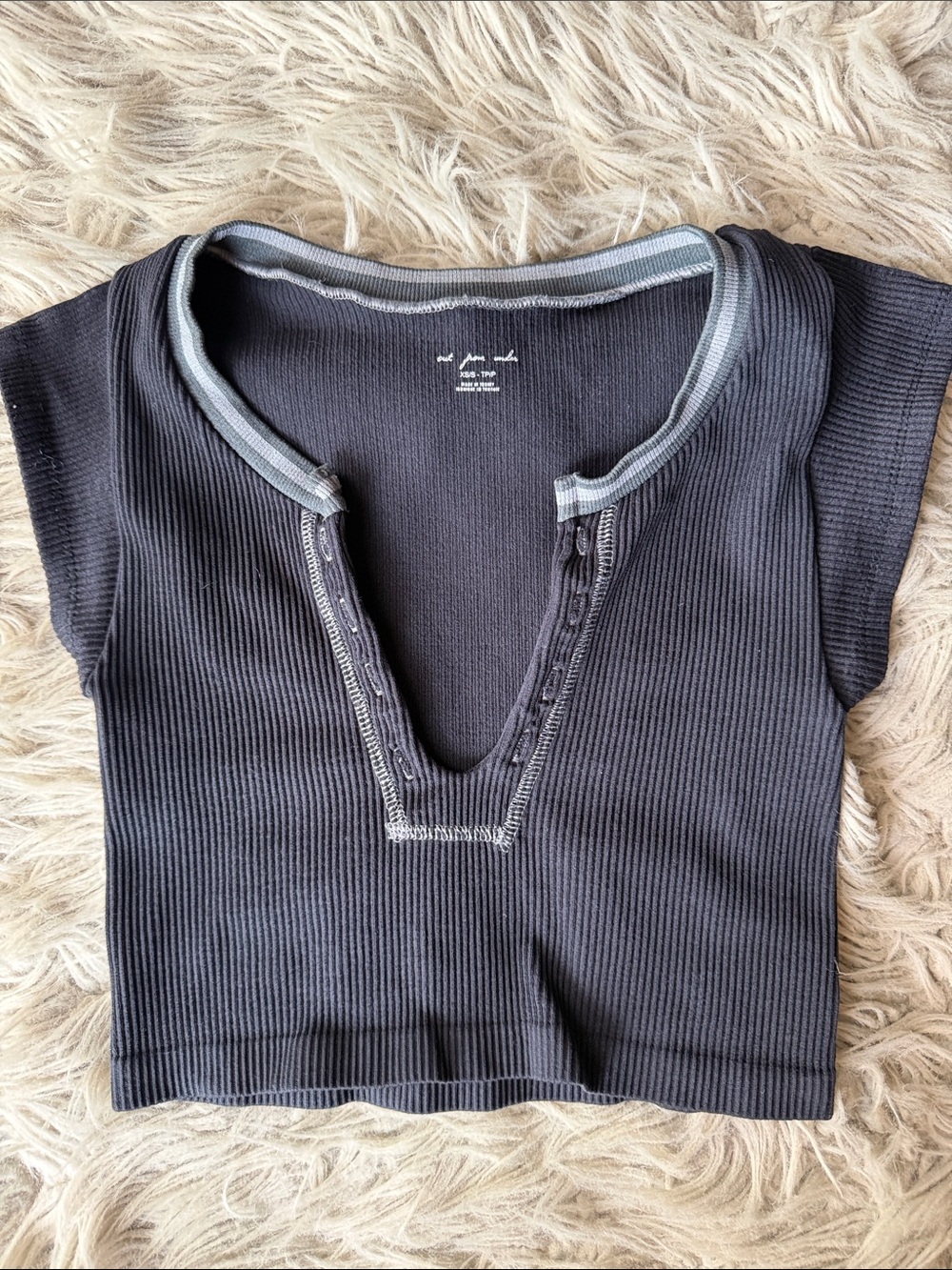 Urban Outfitters Black Ribbed V-Notch Crop Top with Contrast Trim